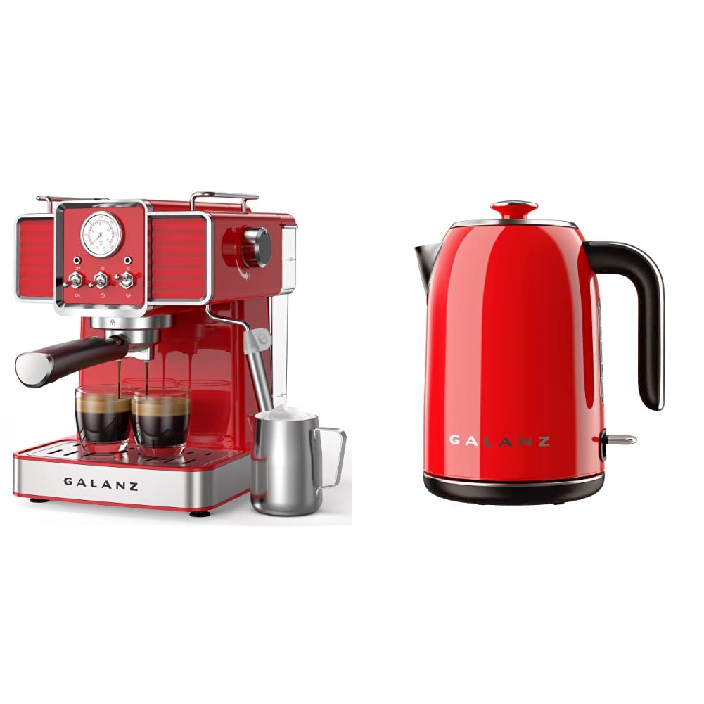 Galanz Retro Espresso Machine with Milk Frother, 15 Bar Pump, Retro Red, 1350 W & Retro Electric Kettle with Heat Resistant Handle and Cordless Pour, 1.7 L, Red
