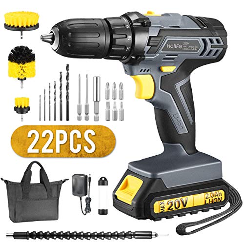 Holife 20V Cordless Drill 2.0Ah Lithium-ion Battery Drill/Driver, Compact Drill Kit with LED, 2-speeds, 18+1 Torque Settings,3 Drill Brushes, Portable Tool Bag, 22PCS Accessories