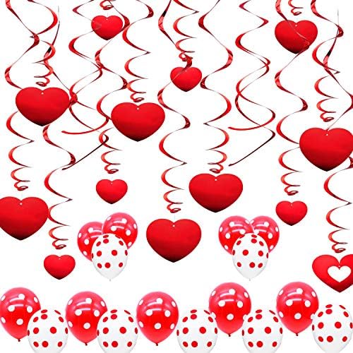 HusDow 50pcs Valentines Day Decorations 30pcs Red Hanging Heart Swirls and 20pcs Latex Balloons Hanging Decorations for Anniversary Wedding Bridal Celebration and Party Supplies