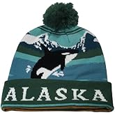 Alaska Beanie Knit Hat Orca Whale with Pom Pom Green Steel Blue White