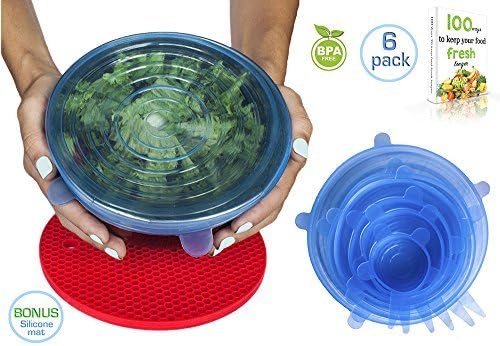 6 Money-Saving Silicone Stretch Lids with BONUS Pot Holder Trivet | 3 Colors | Reusable, Expandable, Durable, Versatile Food Covers | for Bowls, Containers, Cans, Mason Jars, Mugs