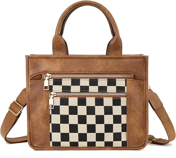 Photo 1 of Checkered Purse,Canvas Tote Bag Checkered Crossbody Bag for Women Black and White Slouchy Shoulder Bag for Work/Travel (A-BROWN)