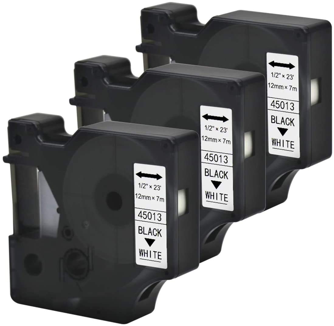 3-Pack Compatible with Dymo D1 Label Tape 45013 12mm S0720530 Refills for Dymo Label Maker, Black on White for Dymo Label Printer LabelManager 160 280 210D 360D 450D
