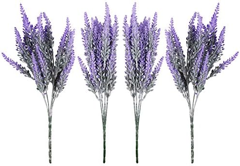 Hecaty 4pcs Artificial Flocked Lavender Bouquet, DIY Bridle Flowers Arrangements Home Kitchen Garden Office Wedding Decor Floral, Fake Outdoor Plants