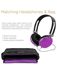 Reproductor de DVD portátil Ematic Swivel con auriculares y bolsa a juego, Púrpura), EPD909PR