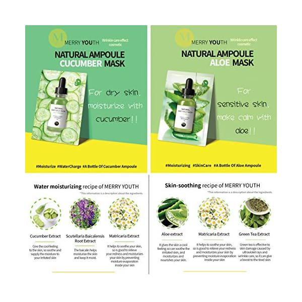 Korean Skin Care Face Mask Sheets - Natural Ampoule Masks set (pack of 6) - Snail, Collagen, Red Ginseng, White Pearl…