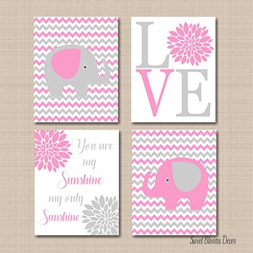 Elephant Nursery Wall Art Pink Gray Elephant Wall Art Elephant Flowers Chevron Love Nursery You Are My Sunshine UNFRAMED 4 PRINTS (NOT CANVAS) C497
