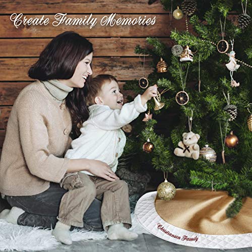 48 Inch Custom Embroidered Burlap Christmas Tree Skirt + BONUS Large Zip Storage Bag - Put Your Family Name (or Any Text) on the Premium Fleece Cross Stitch Border Trim - Rustic Farmhouse Decor Gift