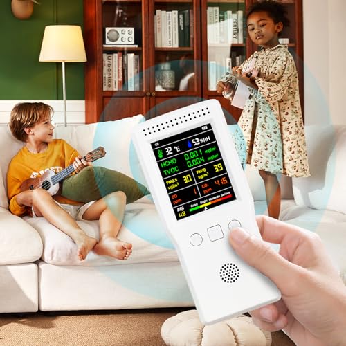 Air Quality Monitor Indoor/Outdoor, Portable Formaldehyde Detector Temperature Humidity Meter Sensor Tester with Stand, 9 in 1 Real-Time Air Particle Counter for PM2.5 PM10 AQI CO2 CO TVOC HCHO
