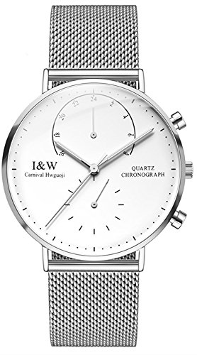 Carnival Men's Dual Time Zone Analog Quartz Watch Extra Flat Case with Milanese Stainless Steel Mesh Band (White)