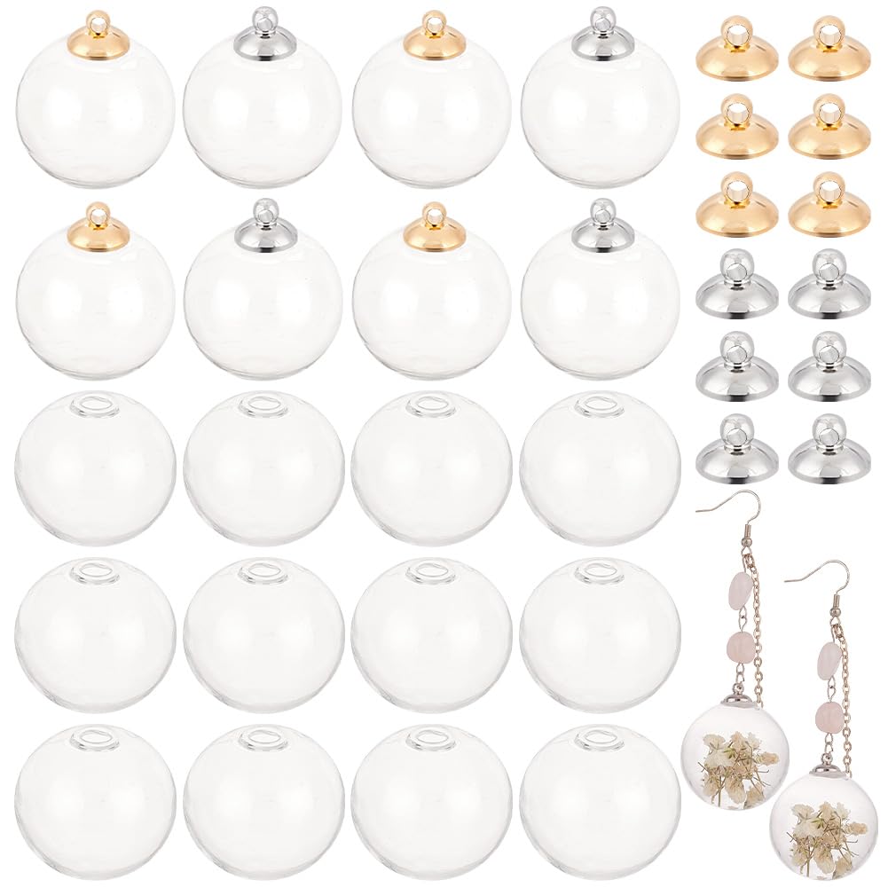 PH PandaHall 20pcs 30mm Mini Empty Glass Globe Bottles Round Clear Ball Charms Hanging Ball Vial Charms with 20pcs 8mm Brass Bails Cap for DIY Pendant Earrings Jewellery Making, Platinum/Golden