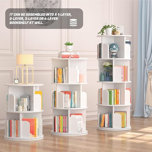 White Rotating Bookshelf, 360 Display Spinning Standing Bookcase Storage Rack, Wood Narrow Corner Book Shelf Organizer for Bedroom, Living Room, 4 Tier 40 * 40 * 126cm