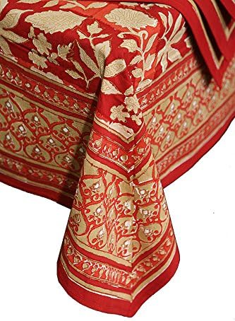 Petal Pushing Paula Red 68 inch Round Tablecloth, Cotton Hand-block printed