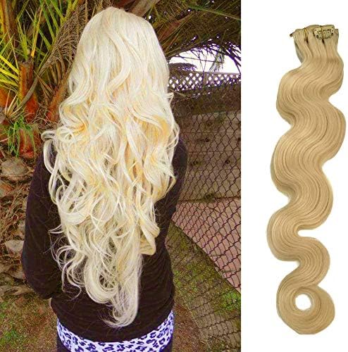 22" Long Body Wave Clip in Extensions Platinum Blonde Real Human Hair 70grams 7pcs Soft Heat Resistant Curly Blond Clip in Hair Extensions(22inches,#60)