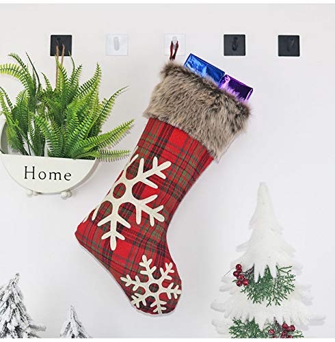 DoubleWood 4 Pack 18 inches Big Christmas Stockings Burlap Plaid Snowflake and Plush Faux Fur Cuff Stockings for Family Holiday Xmas Party Decorations