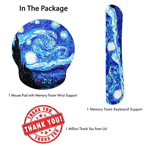 Van Gogh Starry Night Ergonomic Design Mouse Pad with Wrist Rest Hand Support and Keyboard Support. Round Large Mousing Area. Mouse Pad and Keyboard Pad for Laptop, PC Computer & Mac.