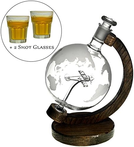 Etched Globe Liquor Decanter - Scotch Whiskey Decanter - 1000ml Glass Decanter for Alcohol - Vodka, Bourbon, Rum, Wine, Tequila or Even Mouthwash - Sopwith Camel 1000ml Shot Glass Bundle