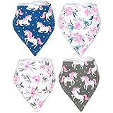 Stadela Baby Adjustable Bandana Drool Bibs for Drooling and Teething Nursery Burp Cloths 4 Pack Baby Shower Gift Set for Girls – Flowers and Unicorns Floral Themed with Stars Fantasy