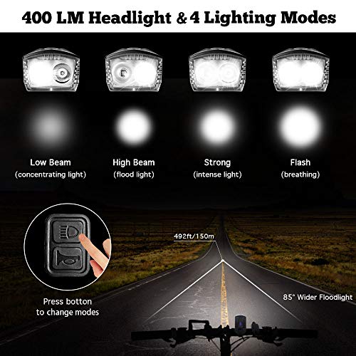 DON PEREGRINO SS1 - LED Bicycle Headlight Taillight Set USB Rechargeable, 400 Lumens Bike Front Light Plus Horn Function with 110 Lumens Bright Rear Light
