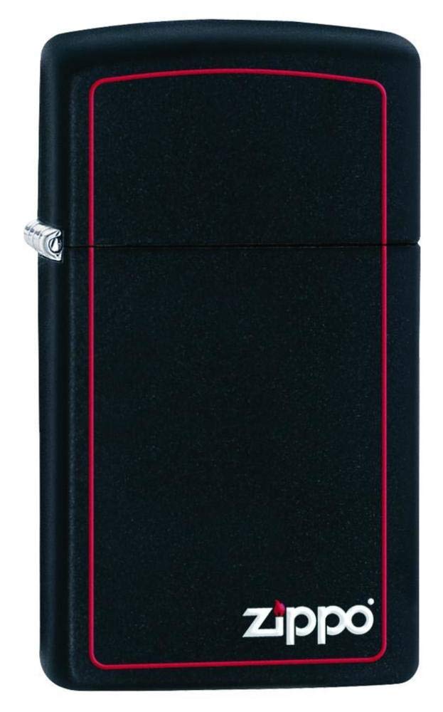 Zippo Windproof Lighter - Slim Black Matte - Red Border with Logo - Colour Image - Refillable - Reusable - Gift Box - Metal - Made in USA