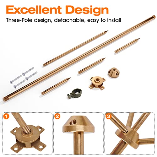 Copper Lightning Rod Kit With UL Listed Clamp – 3-Pole Spike, Detachable Brass, For House Roof, Farm & Bungalow-1165411