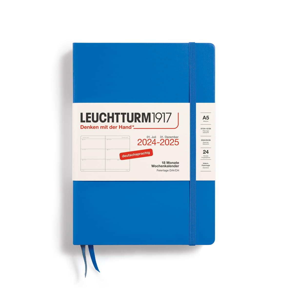 LEUCHTTURM1917 370630 Weekly Planner 2025, Medium A5 Hardcover - 18 Month Planner, 80 g, Lined - Sky