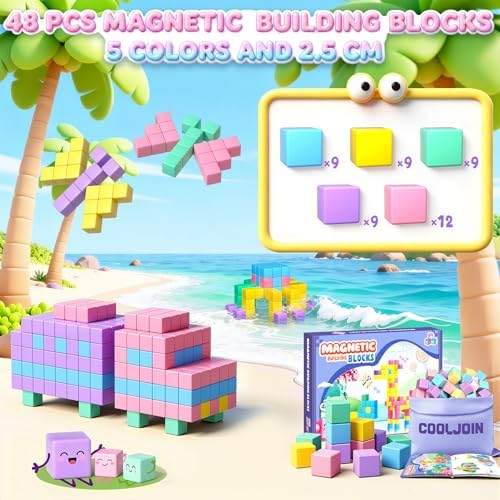 Blocos magnéticos de construção para crianças, presentes para meninas 3 4 5 6 7 8 9 10 anos, 48 peças blocos magnéticos para brinquedos de viagem, brinquedos para crianças de 3 anos, brinquedos criativos Montessori