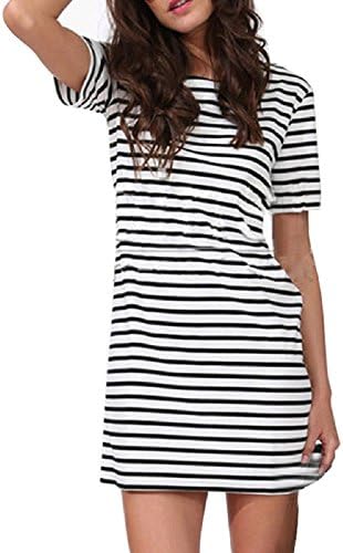NOMENI Fashion Women Short Sleeve Round Neck Stripe Casual Short Mini Dress (L)