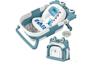 WIQINS Collapsible Baby Bathtub for Newborns with Thermometer and Soft Floating Cushion Portable and Foldable Travel Baby Bath Tub for Infants to Toddler 0-36 Month (Blue)
