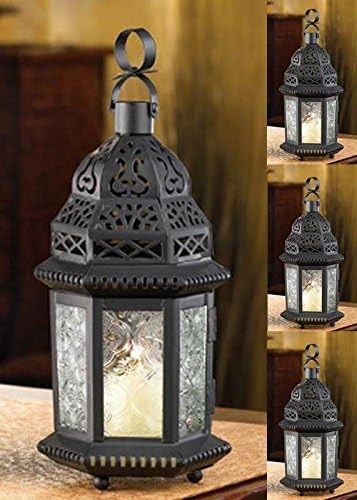 4 Moroccan Style Black Metal Cutwork Clear Glass Tealight Candle Lanterns Lamps