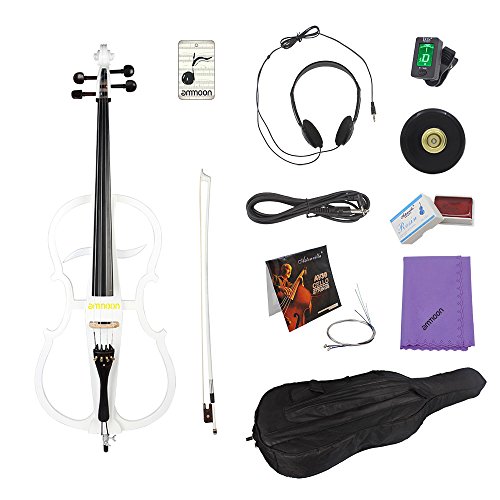 ammoon 4/4 Full Size Solid Wood Electric Cello Violoncello Maple Wood body Ebony Fittings Pearl White in Style 1 with Tuner Headphone Gig Bag