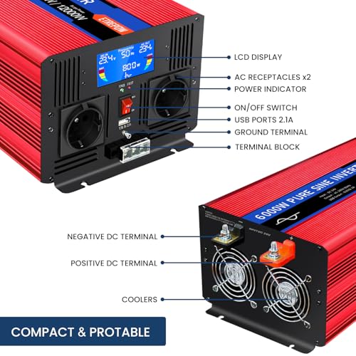 ETREPOW Inverter 6000 W 24 V 220 V Pure Sine Wave Transformer with 2 EU Sockets and a USB, Wireless Remote Control and LCD Display – Peak 12000 W