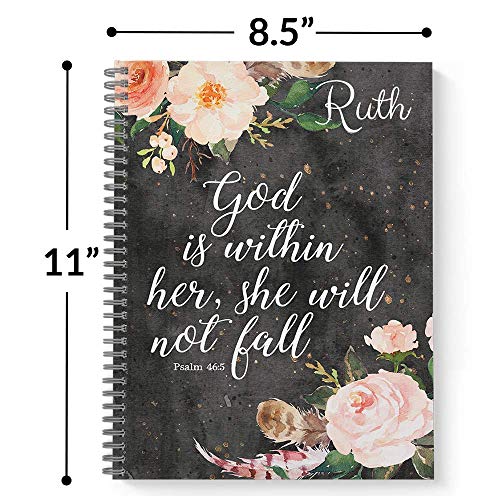 She Will Not Fall Personalized Religious Notebook/Journal, Laminated Soft Cover, 120 Checklist pages, lay flat wire-o spiral. Size: 8.5" x 11". Made in the USA