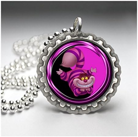 ALICE IN THE WONDERLAND - CHESIRE CAT Flat Botlte Cap Necklace Silver Color AMZN70