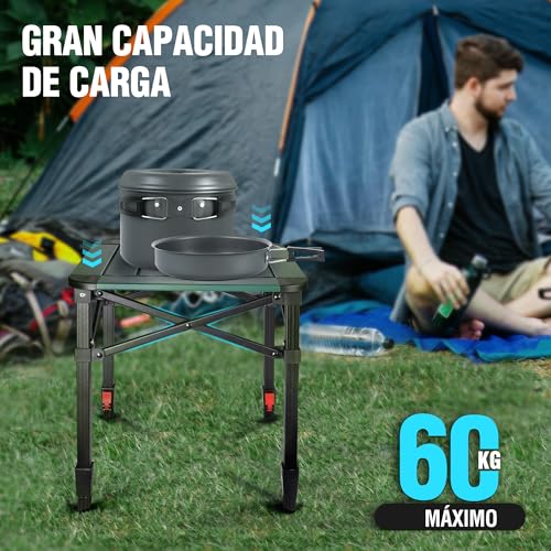 VILLEY Folding Table with Carry Bag, Portable Aluminium Folding Table, Height Adjustable Camping Table, Camping Table for Picnic, Fishing, Camping, Beach and Extrior, 40 x 40 x 53 cm