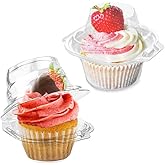 LOKQING 100 Pcs Cupcake Boxes Plastic Individual Cupcake Containers Single Cupcake Carrier with Connected Airtight Dome Lid f