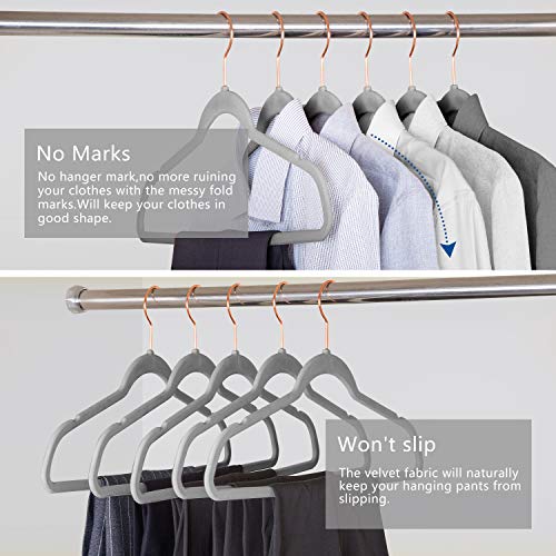 Premium Velvet Hangers Rose Gold Swivel Hooks - Felt Hangers-HeavyDuty Non Slip Sturdy Suit Hangers-Space Saving Clothes Hangers 50 Pack for Skirts Coats (Gray)
