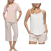 Felina Women's 4 Piece 100% Cotton Sleep Pajama Set, Tee, Tank, Short, and Capri Pant