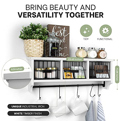 Wood Wall Mounted Shelf with Hooks and Storage Baskets White Floating