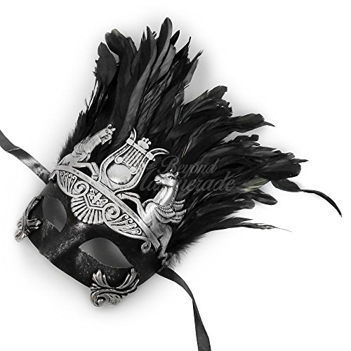 Mens Roman Silver Masquerade Mask with Feathers