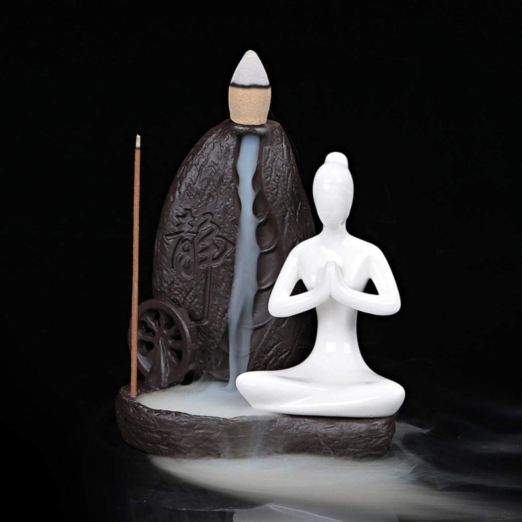 Yoga Style Backflow Incense Burner with 10pcs Backflow Incense Cone, Home Ceramic Backflow Incense Cone Holder Burner (I 56x85mm)
