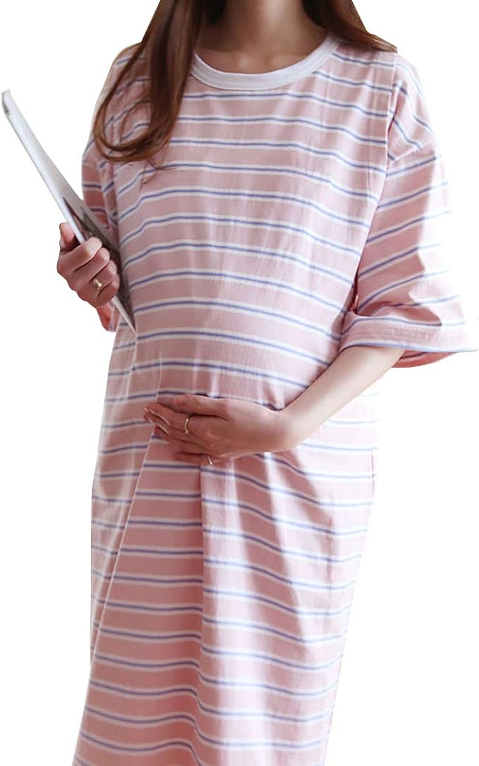 Amazon Co Jp ピンク マタニティ パジャマ 授乳 春夏 ワンピース 授乳服 授乳口 部屋着 ボーダー ストライプ シンプル ルームウェア 入院着 春 夏 春夏 産前産後 大きいサイズ トレーナー ワンピ プレゼント 出産祝い 産前産後 ミモレ丈 服 ファッション小物