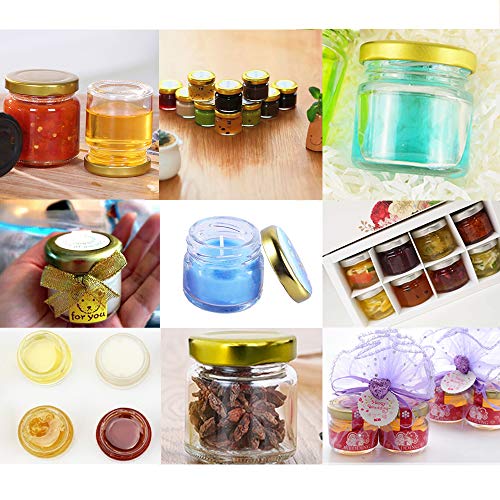 Folinstall 30 Pcs 1.5 oz Glass Jars with Gold Lids, Mini Mason Jars for Gifts, Crafts, Wedding, Spice, Extra 15 Silver Lids, Chalkboard Labels, Tags String and 30 Disposable Wooden Spoons Included