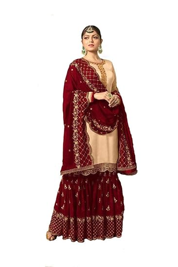 Georgette Sharara Suit (YF-168, Beige and Maroon)