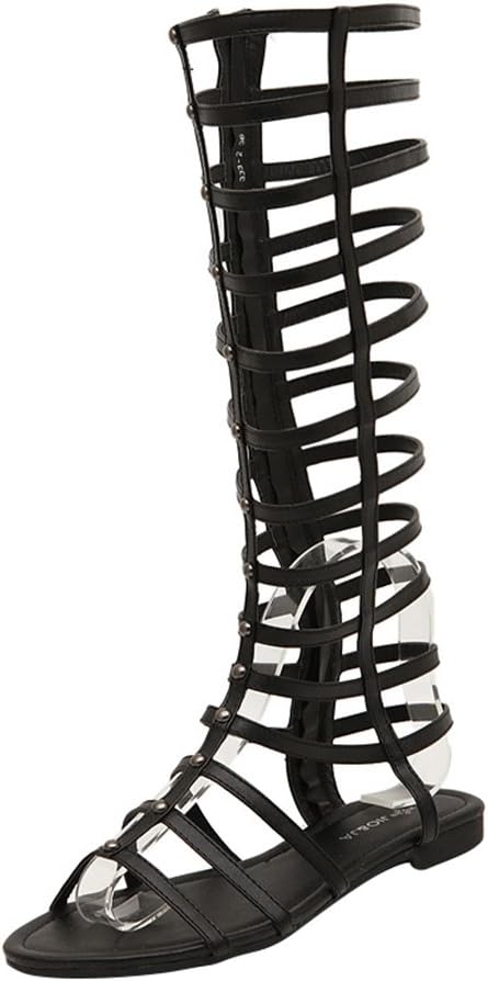 LvRao Women Roman Flat Sandals Flip Flops Metal Ornaments Knee-High Gladiator Shoes