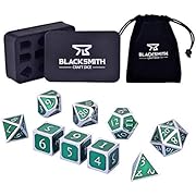 HEIMDALLR Metal D&amp;D Dice Set 9 pcs - 2 Extra D6s, Metal Dice Box &amp; Velvet Dice Bag; Metal DND Dice Set D&amp;D (Dungeons and Dragons Dice Set) w D20 Dice - Blacksmith Craft Dice (Ancient Sylvan)