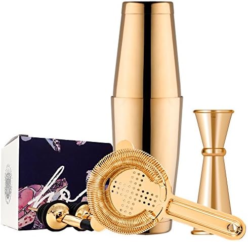 Boston Cocktail Shaker Bar Set by Homestia 6-Piece: 18oz &amp; 28oz Shaker Tins, Hawthorne Cocktail Strainer, Double Jigger and 2 Cocktail Pourer (Gold Plated)