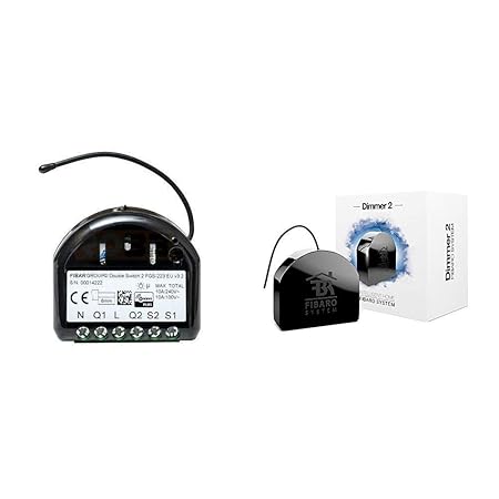 FIBARO FIBEFGS-223 Relais Unterputzeinsatz 2 Schalter a 1.5kW-Z-Wave, Schwarz & FIBEFGD-212 Universal-Dimmer 2 Z-Wave 250 W, 