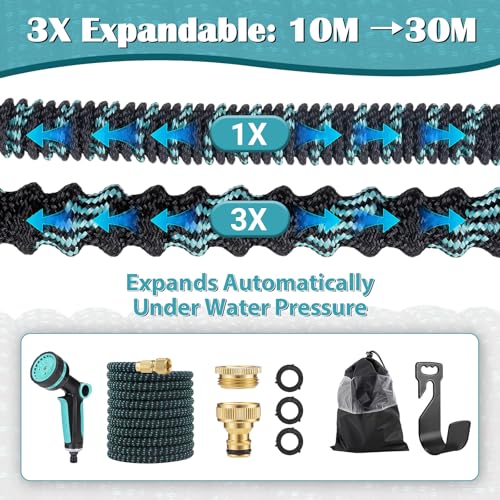 Manguera Jardin Extensible 30M, Mangeras Jardineria Flexible con Pistola de 10 Funciones, Conectores Metálicos 1/2" y 3/4", Garden Hose para Riego, Terraza y Lavado de Coche
