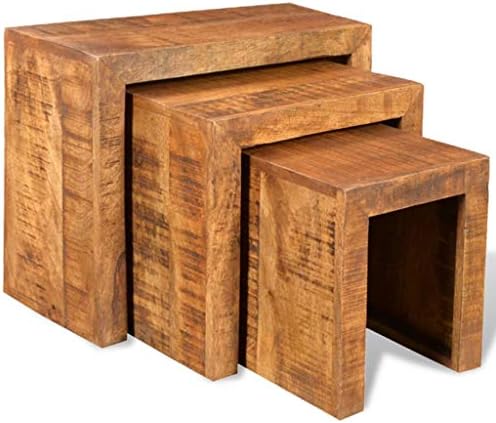 HELLOLAND Set of 3 Wood Nesting Tables Stackable Coffee End Table Set Living Room Sofa Snack Tables Space Saving Home Furniture (Solid Mango Wood)